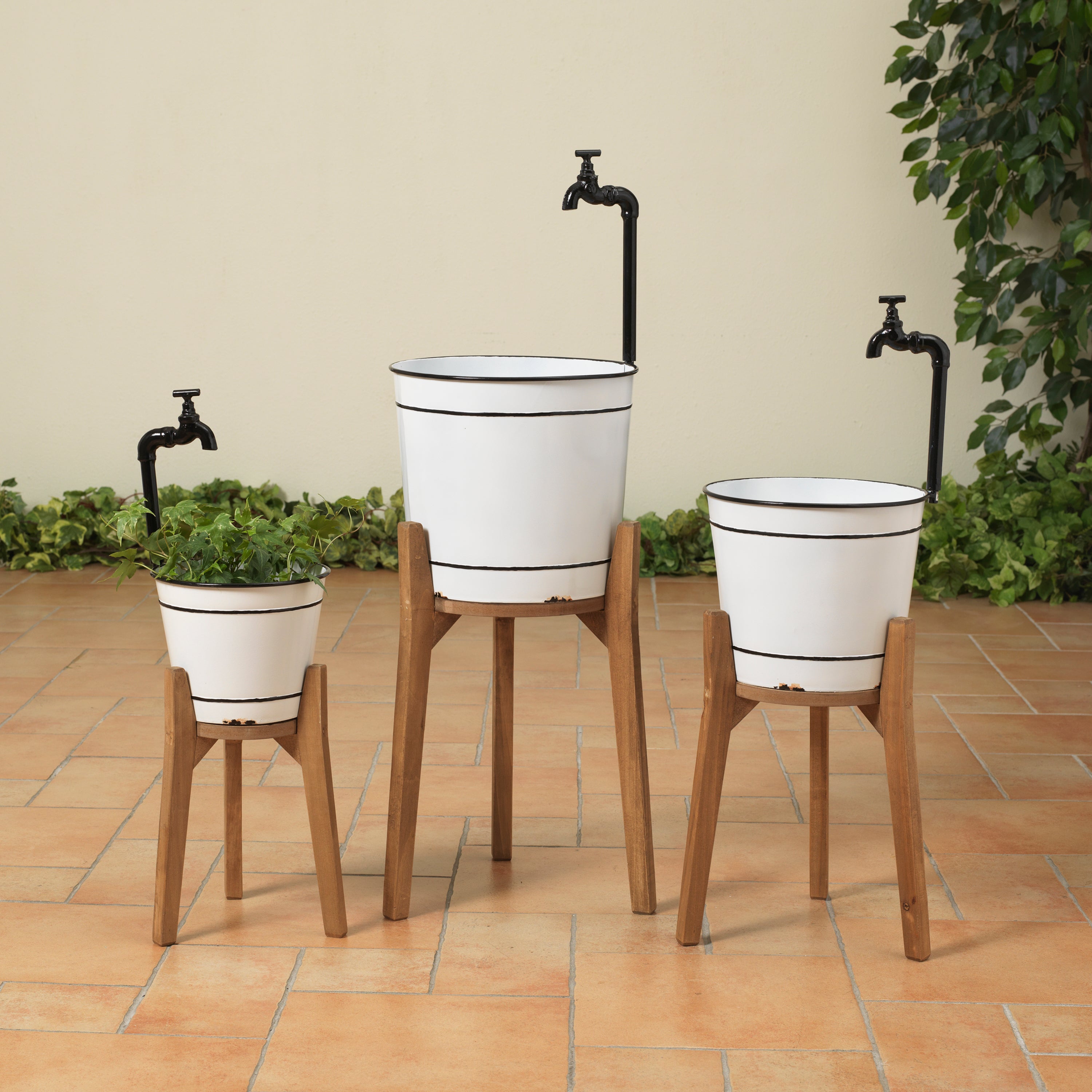 Set of 3 Rustic Metal Faucet Planters with Wooden Stand
